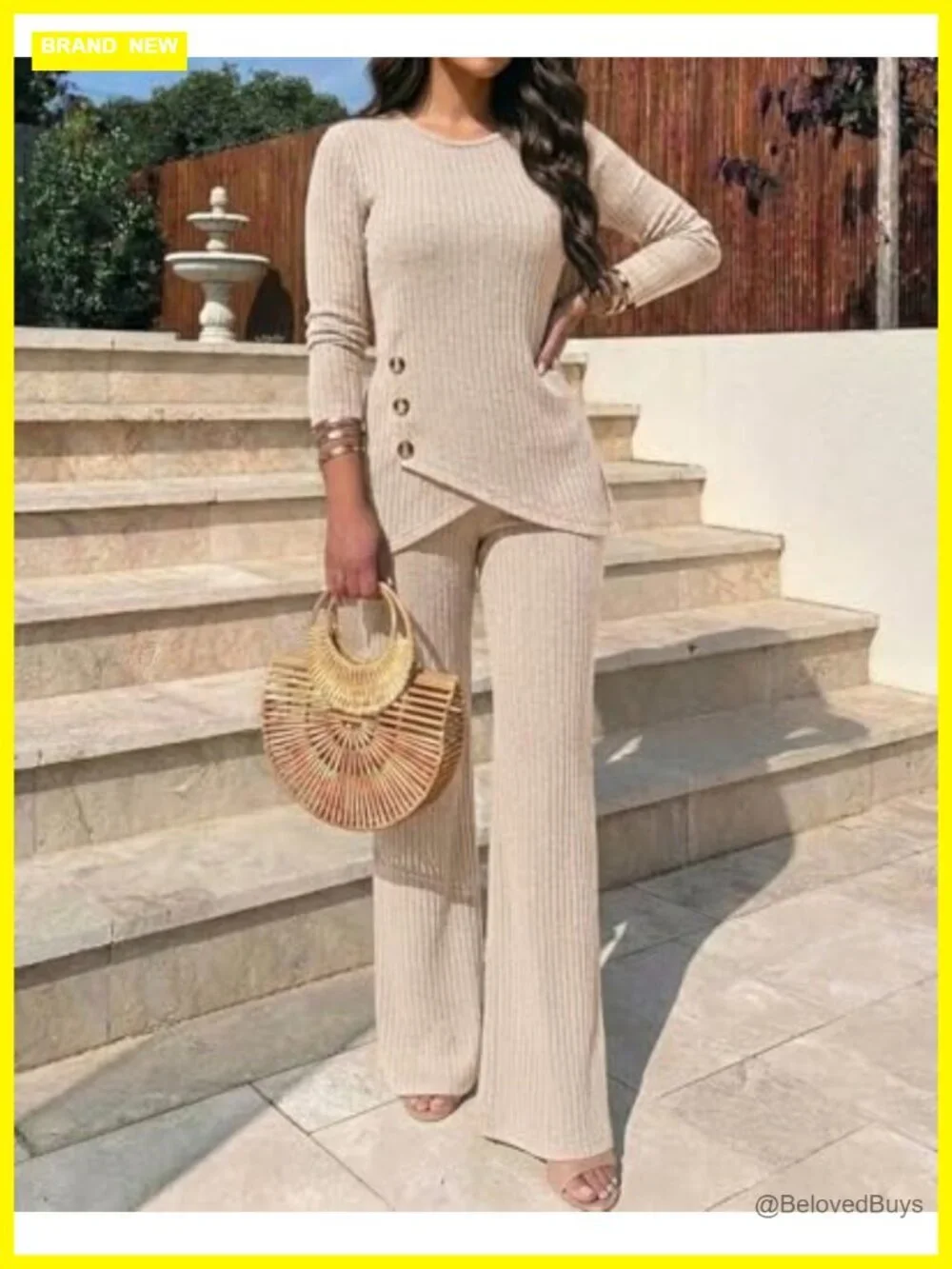 2 Piece Lounge Set - Knit Top & Wide Leg Pants - Pockets - Casual